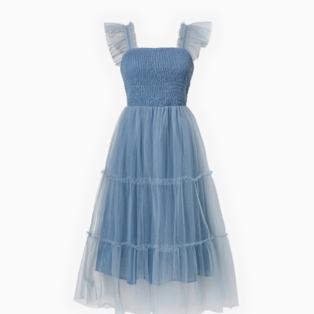 Shirred Spliced Tiered Mesh A-Line Blue Women Dress